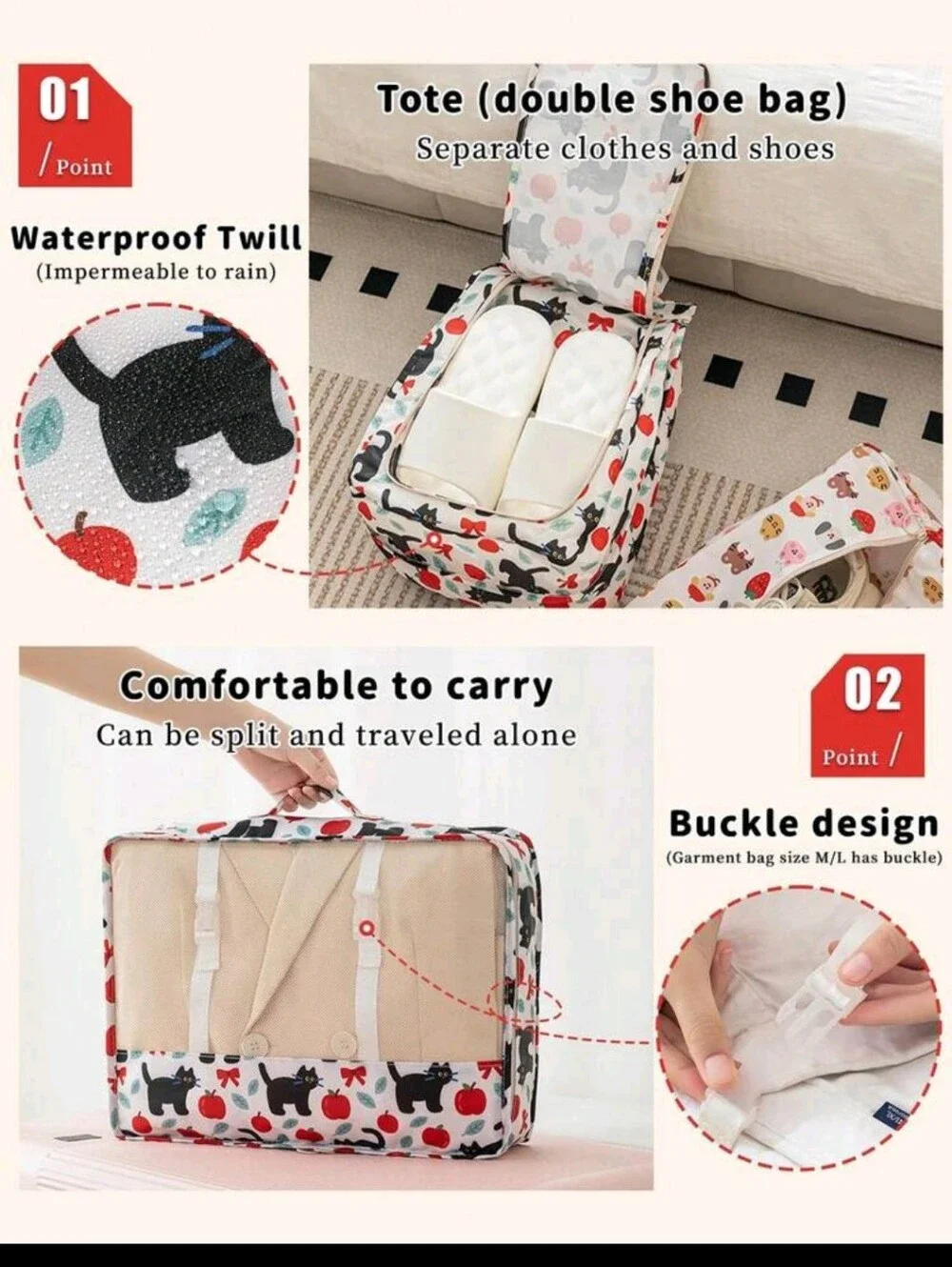 Cat & Apple Packing Cube Set - White with Black and Red Print